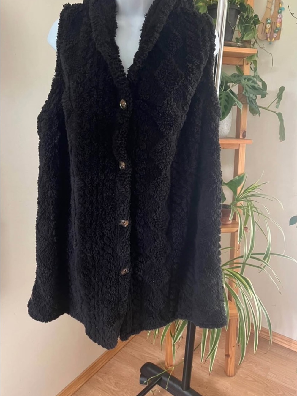 Women's Black Teddy Button-Up Coat with Shawl Collar